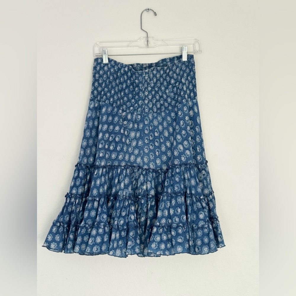 Blue Indigo Cotton Ruffle Prairie Midi Skirt by Passementrie - Picture 2 of 4